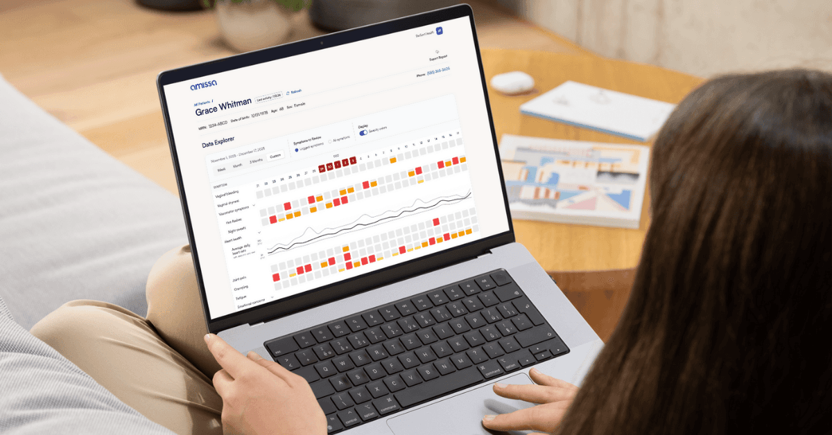 Amissa clinician dashboard showing patient symptom trends and data explorer